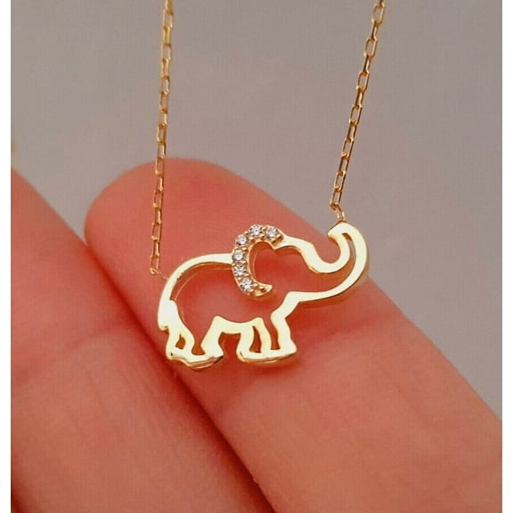 Elephant Charm Pendant Necklace 0.20Ct Round Cut Simulated Diamond 14K Yellow Gold Plated 18" Chain Silver