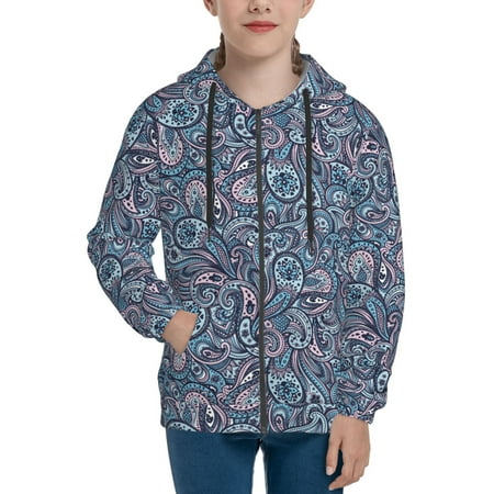 

Hoodies for Women Blue Inspired Floral Paisley Long Sleeve Sweatshirt Drawstring Zip Up Hoodie with Pockets Teen Girl Clothes