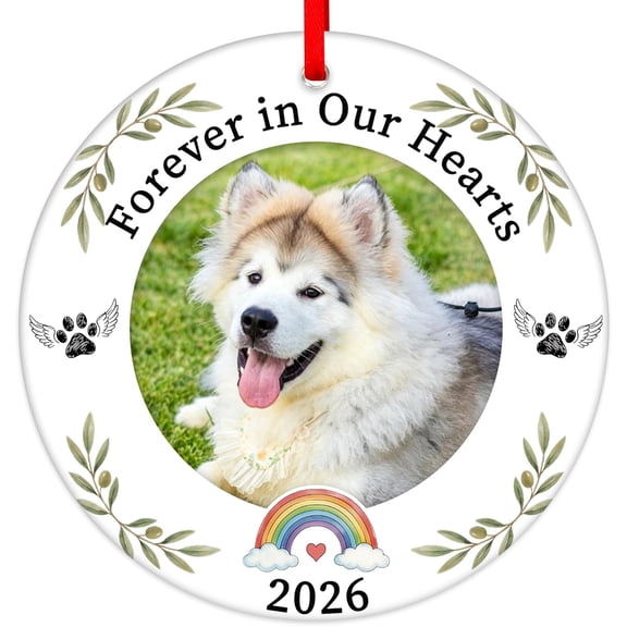 Waahome 1-Pack 2026 Pet Memorial Photo Frame Ornament, 2.8" Round Ceramic Dog Cat Remembrance Keepsake, Ready-to-Hang Christmas Tree Decor