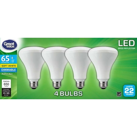 Great Value LED Light Bulb, 8W (65W Equivalent) BR30, Dimmable, Soft White, (Best Dimmable Led Light Bulbs)