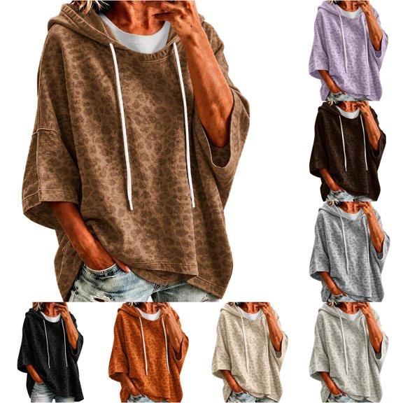 Norvella Cheetah Print Hoodies For Womens Leopard Print Oversized Poncho 3/4 Sleeve Hooded Sweatshirt Kangaroo Pocket Loose Fit Pullover Top