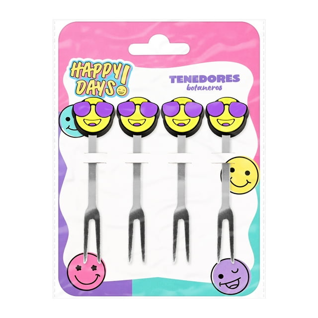 Tenedores Botaneros Prichos Happy Days! de PVC y Metal Multicolor con 4 Piezas