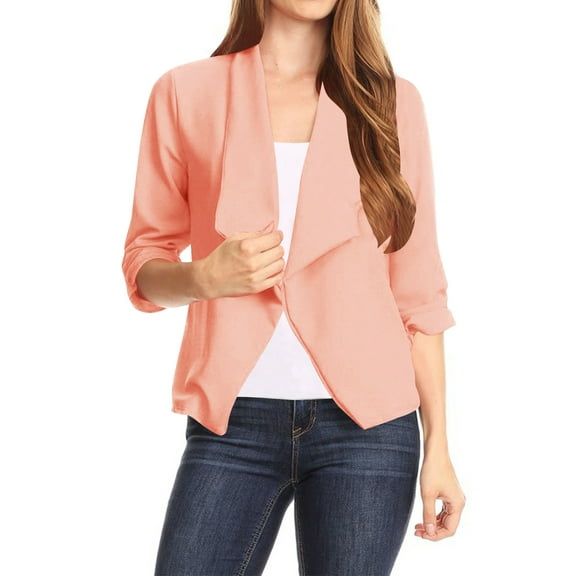 Women's Casual Office Wear Open Draped Front 3/4 Sleeves Basic Solid Blazer Jacket S-3XL