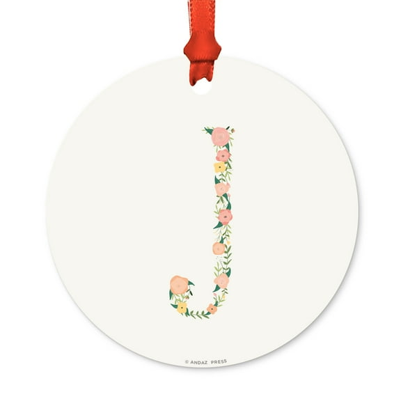 Floral Family Monogram Metal Christmas Ornament, Coral Peach Floral Roses, Letter J, Includes Ribbon and Gift Bag