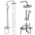 thumbnail image 1 of Shower Faucet Set Exposed 8 Rain Shower 2 Double Knobs Handle Brushed Nickel Triple Function Tub Spout Shower Fixture Combo System Unit Set, 1 of 4