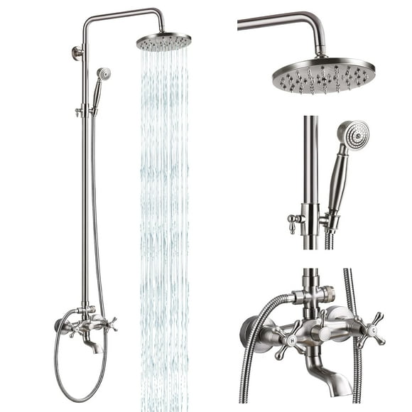 Ensemble de Robinet de Douche Exposé 8 Douche Pluie 2 Doubles Boutons Poignée Nickel Brossé Triple Fonction Bec de Baignoire Ensemble de Système de Douche Combo