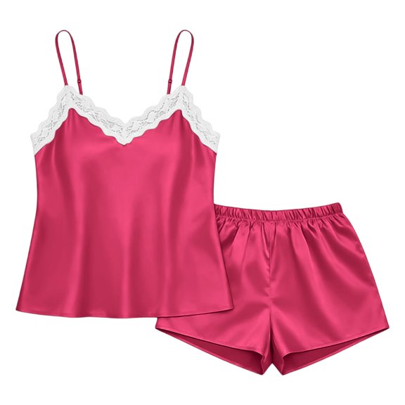 MVRLSH Womens Lounge Pajama Sets V Neck Lace Vest Short Two Piece Casual Home Wear Soft Comfortable Tank Tops Pink Size XXL