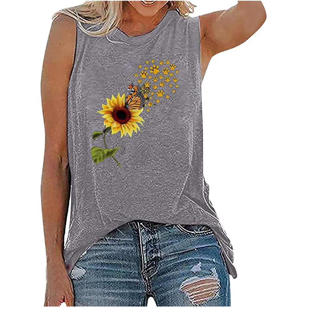 Sunflower Graphic Shirts Tank Tops Women Flower Print Workout Vest Sleeveless Shirt Tee Sunflower Vacation Tops 