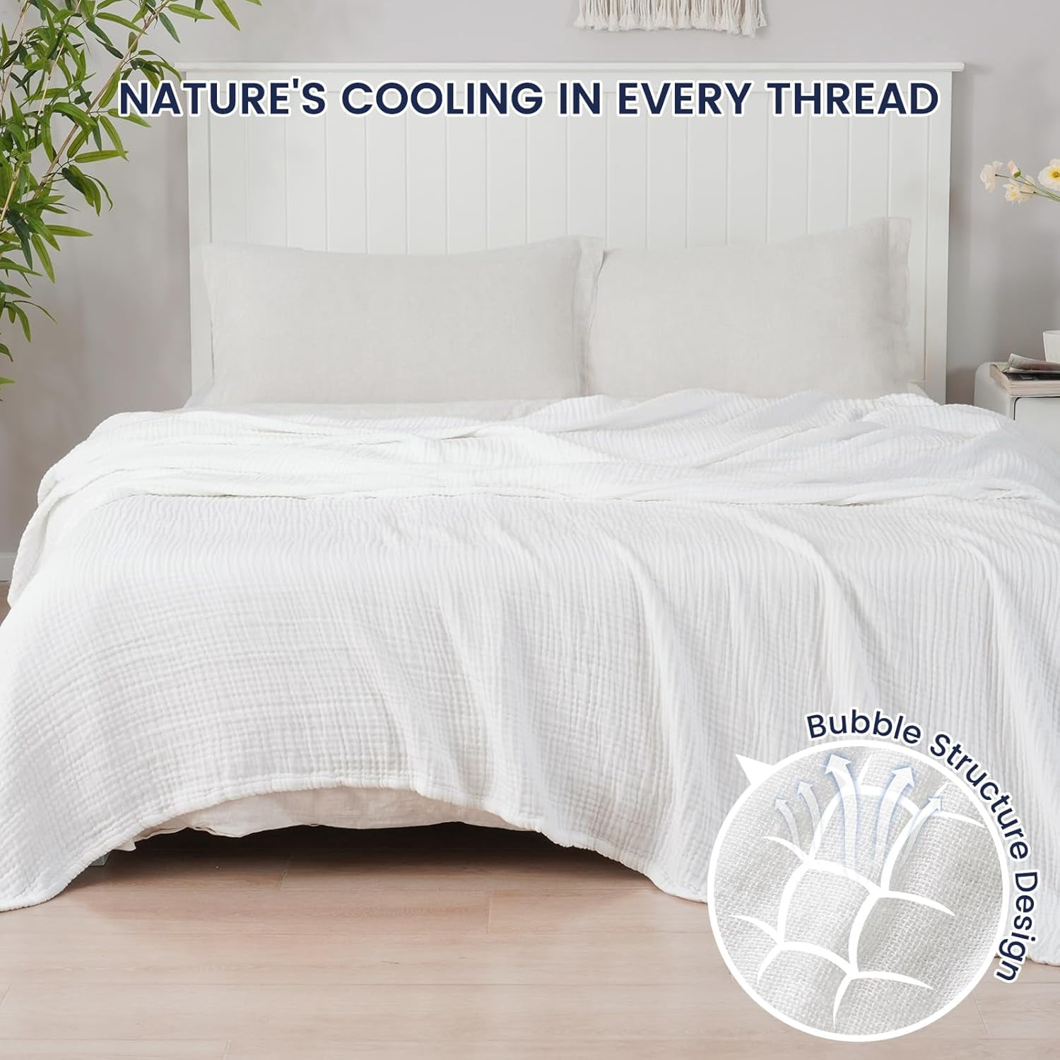 PHF Cooling Muslin Twin Blanket for Hot Sleepers, 4-Layer Breathable Bamboo Rayon & Cotton Gauze, Lightweight Summer Blanket for Bed or Couch, 66" x 90", White