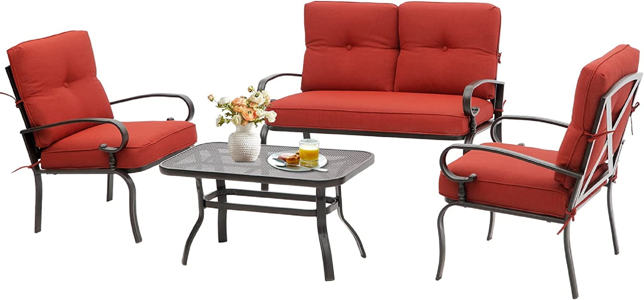 SUNCROWN 4 Pieces Outdoor Metal Furniture Patio Conversation Set Loveseat, 2 Dining Chairs and Coffee Table for Lawn Front Porch Garden, Red Cushions