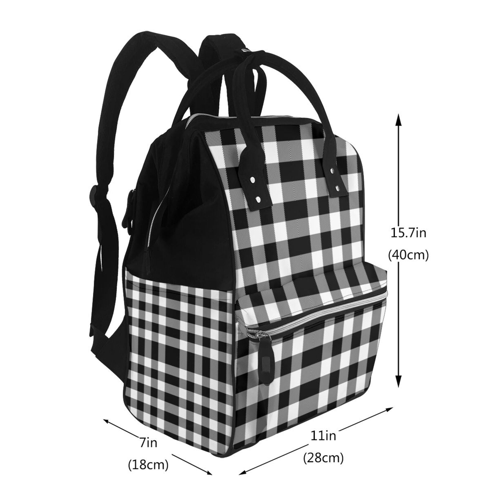 Ratiio White And Black Plaid Mummy Backpack - Waterproof Twill Canvas, Large Capacity Diaper Bag with Multiple Pockets and Adjustable Straps