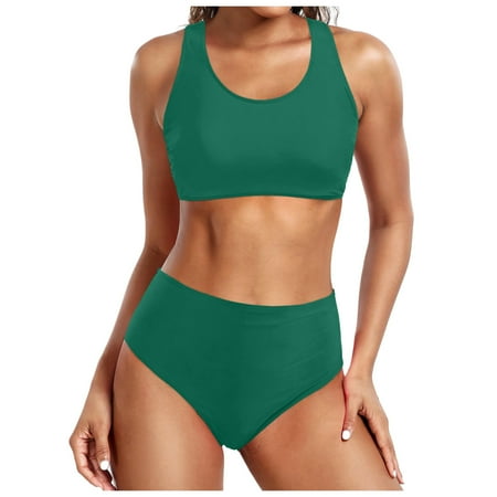 TOWED22 Women s Crop Top High Waisted Cheeky Bikini Set Solid Color Two Piece SwimsuitsGreen XXL