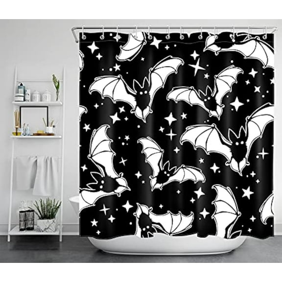 Spooky Halloween Shower Curtain Decor, Gothic Horror Halloween Black and White Bats Shower Curtains 72X72 inch Polyester Fabric Bathroom Decoration Bath Curtains Hooks Included