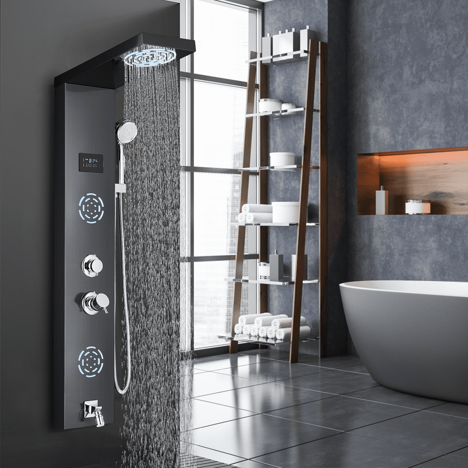 Shower Panel Black Stainless Steel LED Shower System Multifunctional