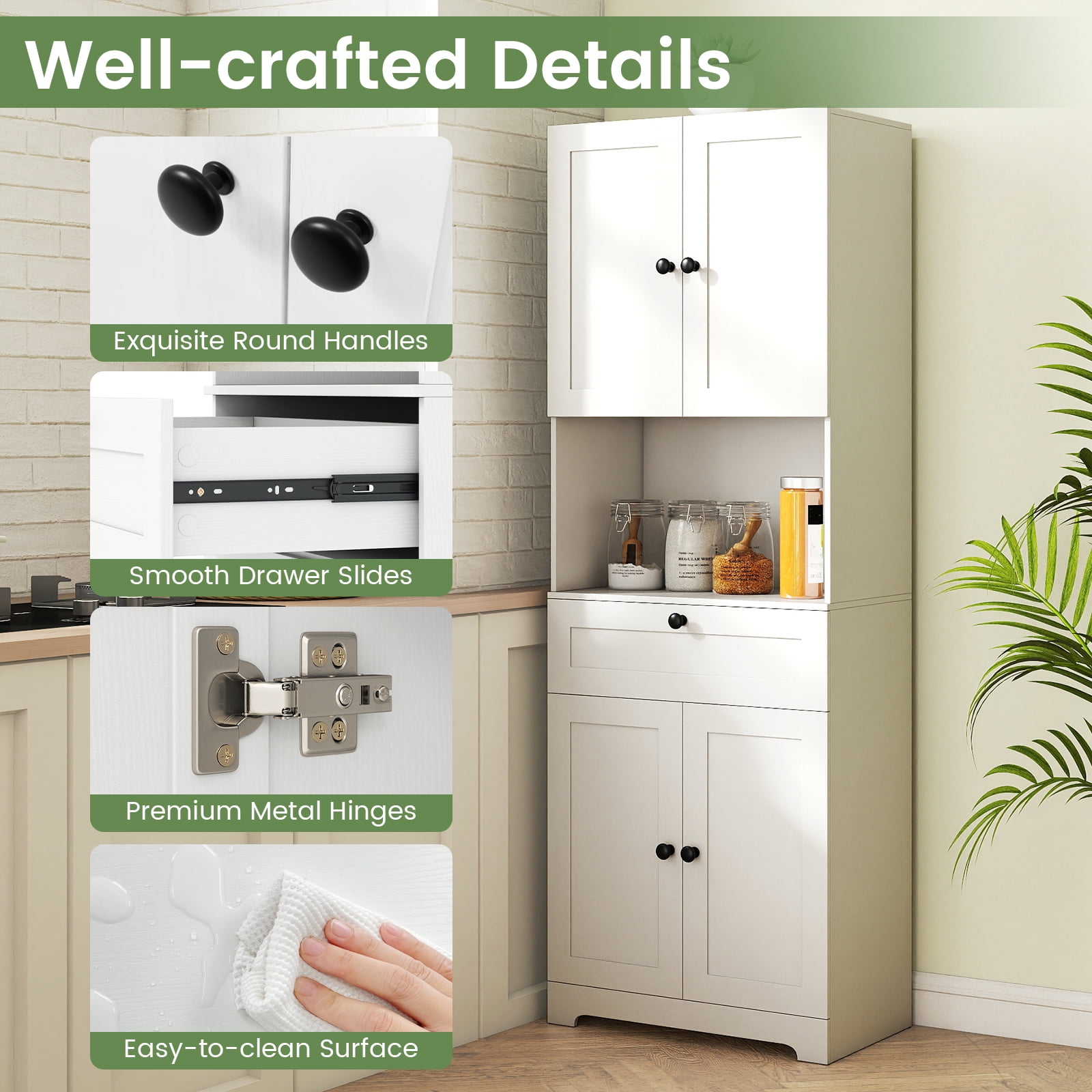 Gymax 67.5'' Kitchen Pantry Cabinet w/4 Doors 1 Drawer Open Countertop Adjustable Shelf White