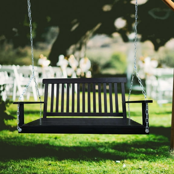 Front Porch Swing With , Natural Wood. Black, 800 Lbs Capacity, Easy Assembly For Garden Yard, Porch, Backyard Solid Wood Made. Weight Installation Garden,