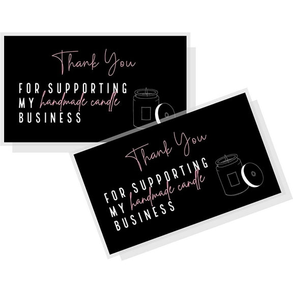 Thank You For Supporting My Handmade Candle Business Cards  50 Pack  2 x 3.5 inch Business Card  Candle Supplies  Black Card with White and Pink Text