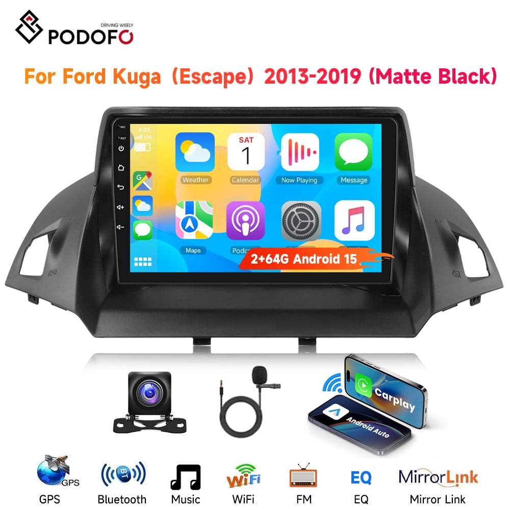 Podofo Android 15.0 2G+64G 9” HD Touchscreen Car Stereo for Ford Escape Kuga 2013-2019 with Wireless Apple Carplay Android Auto Backup Camera GPS Navigation WiFi HiFi FM RDS Audio Receivers