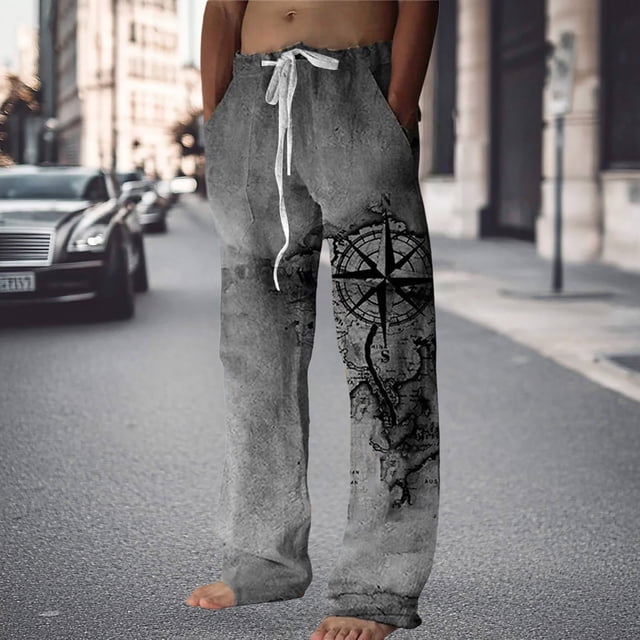 Linen Blend Straight Leg Pants for Everyday Casual Wear Men’s Fashion Reflective Drawstring Details