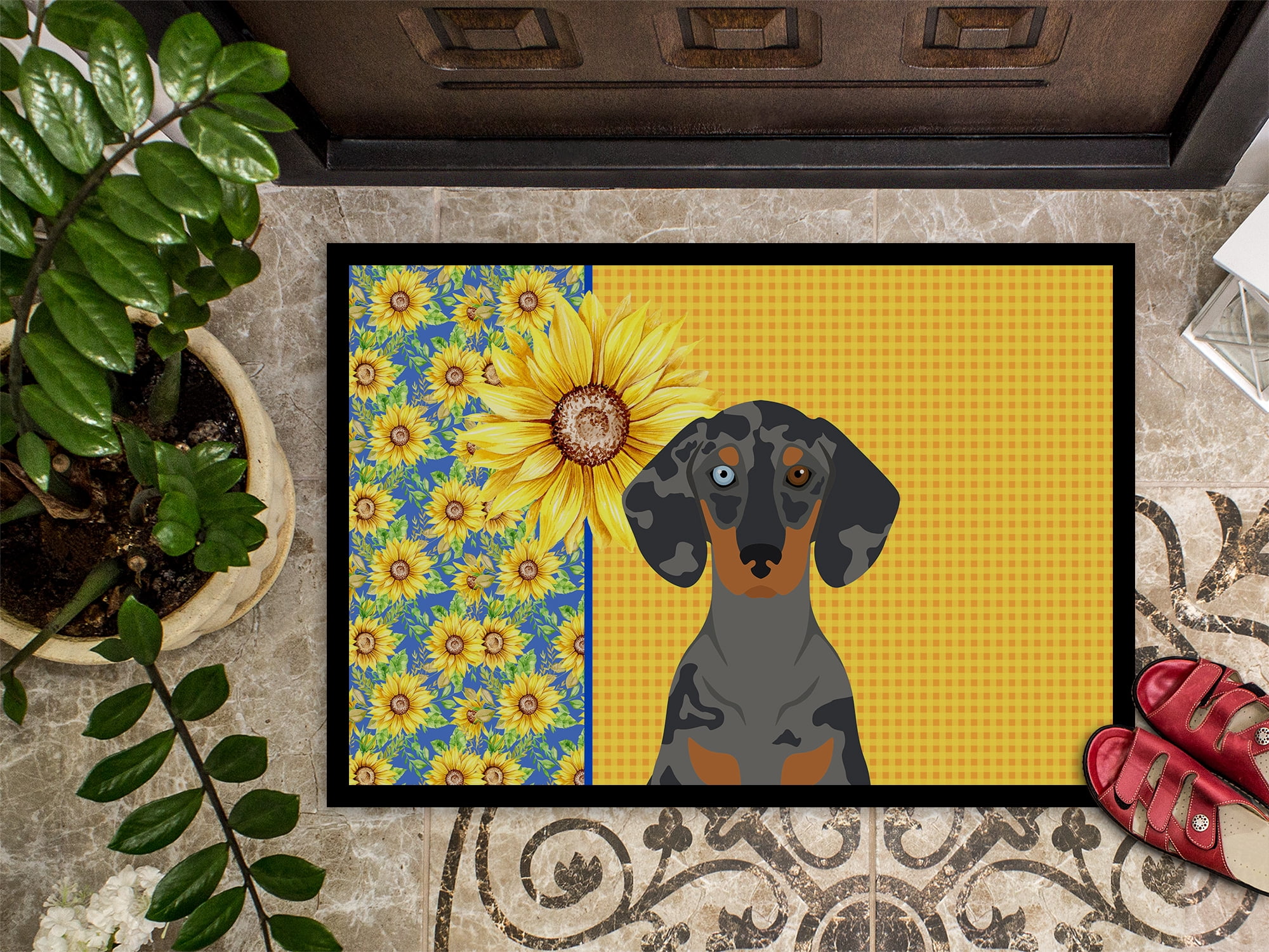 Carolines Treasures WDK5394JMAT 24 x 36 in. Summer Sunflowers Black Dapple Dachshund Indoor or Outdoor Mat