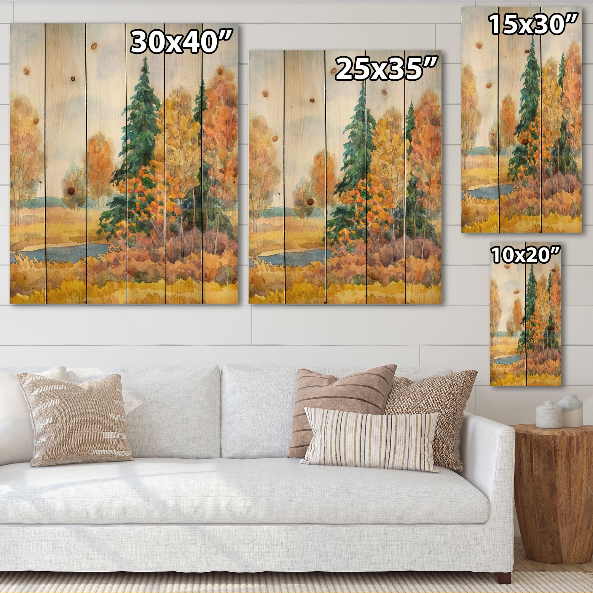 Designart 'Autumn Forest By The Lake Side V' Lake House Print on Natural Pine Wood