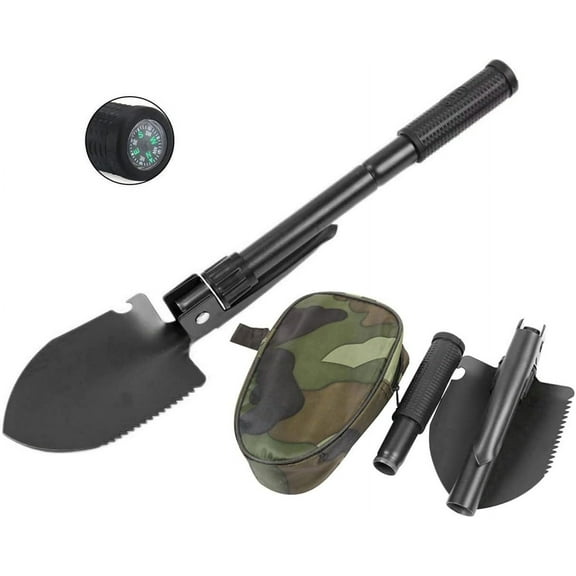 Survival Shovel, Small Folding Camping Shovel, Mini Compact Pickaxe with Carrying Pouch for Camping,Hiking,Gardening,Off Road,Hunting,Car Emergency, Remove Ice (Black)