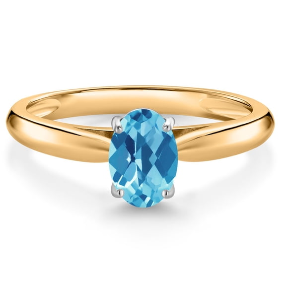 Gem Stone King 10K Yellow Gold Swiss Blue Topaz Solitaire Engagement Ring for Women (1.00 Cttw, Oval Checkerboard 7X5MM, Gemstone November Birthstone, Size 7)