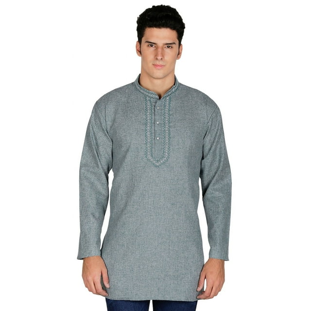 Embroidered Cotton Mens Short Kurta Shirt India Fashion Clothes (Green, M)
