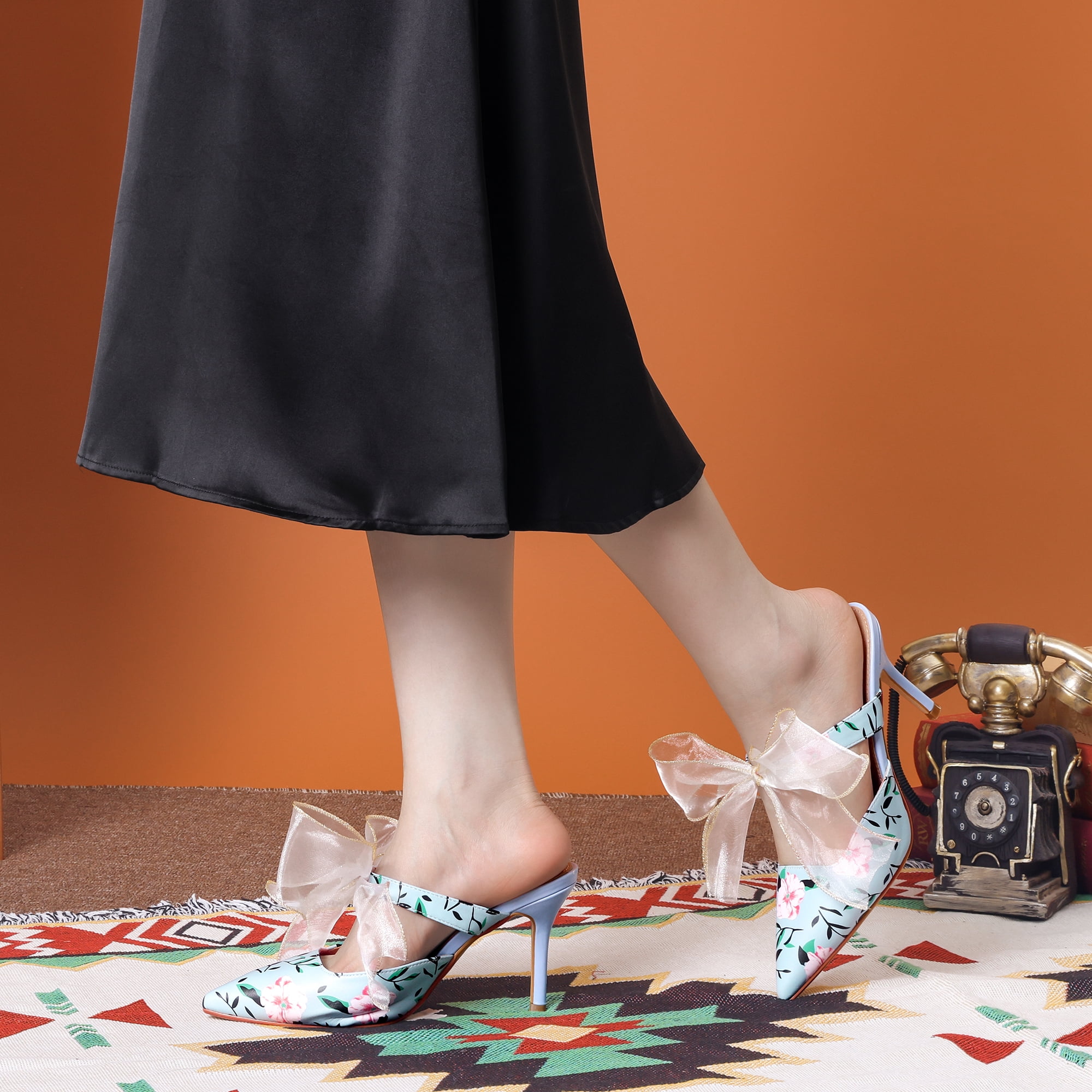 Unique Bargains Women's Floral Printed Lace Strap Stiletto Heels Mules