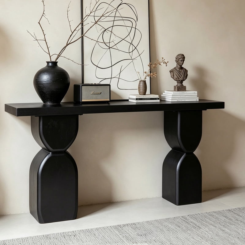 47.24" Modern Console Table, Accent Sofa Side Table with Two Sculptural Legs, Entryway Display Table with Wood Veneer Finish