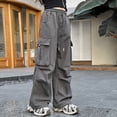 thumbnail image 5 of Kids Girl Pants Girls Solid Straight Leg Cargo Pants Drawstring Elastic Waist Fashion Childrens Bottoms Streetwear for Kids Grey 13 Years-14 Years, 5 of 7