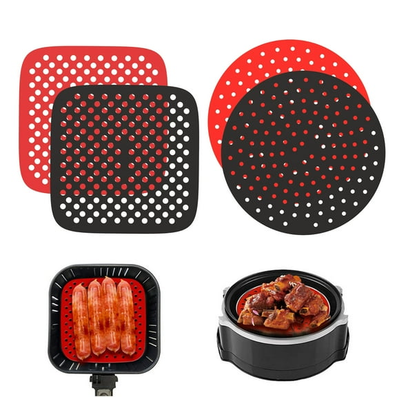 Gustave 2Pcs Round Air Fryer Silicone Mats Non Stick Easy Clean Airfryer Silicone Liner Baking Tray Heat Resistant Air Fryer Pads Oven Accessories "Black & Red"