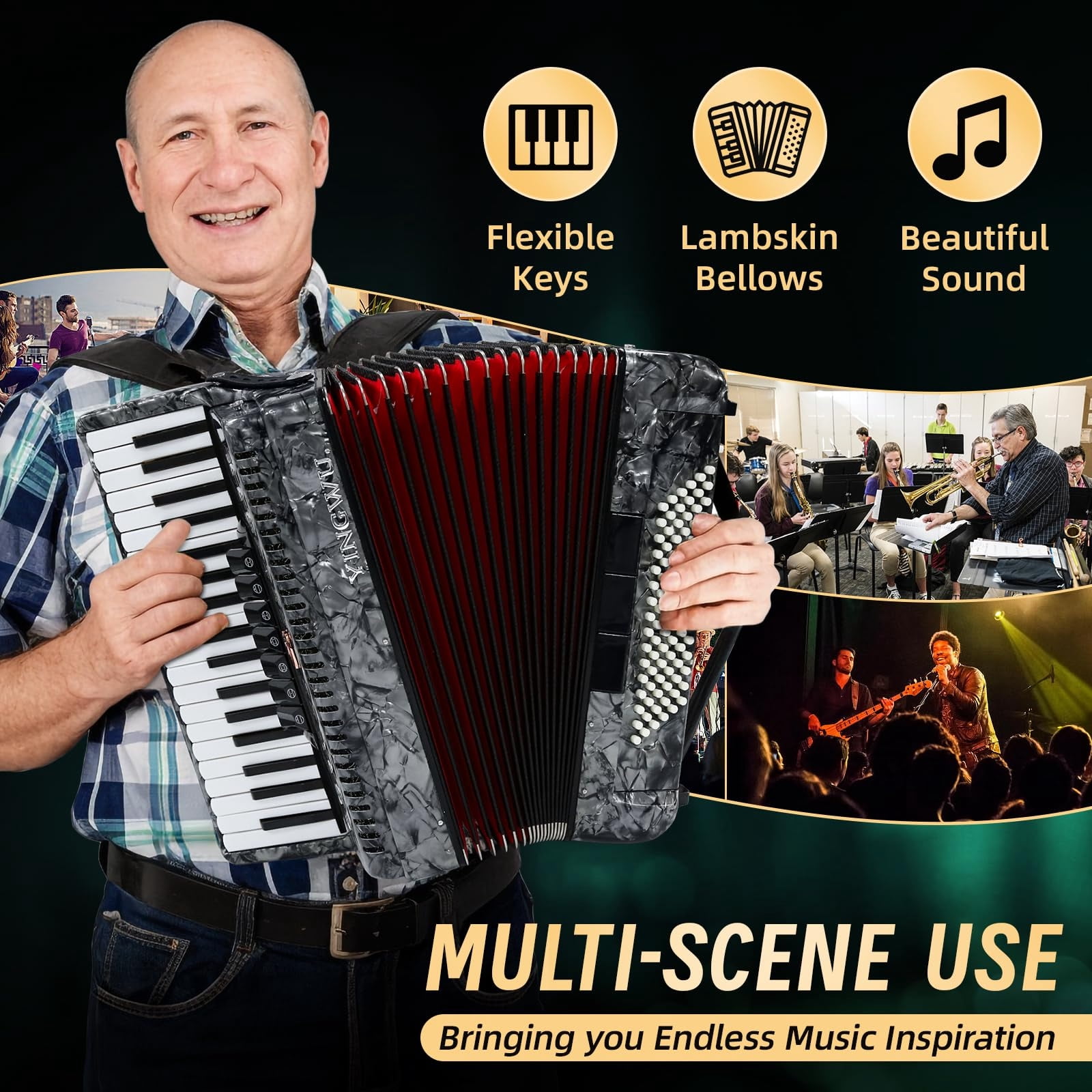 Accordion, 37 Keys 96 Bass Professional Accordion for Beginners and Advanced Players with Backpack and Strap