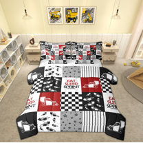 Manfei Boys Tractor Excavator Bedding Comforter Set 7 Pieces, Cartoon Farm Truck Full Bedding Set, Grey Red Patchwork Plaid Reversible Fitted Sheet Flat Sheet, Breathable Home Decor