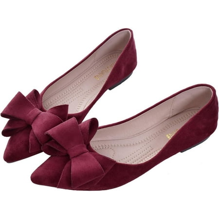 

Pfhytec LU Bowknot Ballet Flats Womens Pointy Toe Flat Shoes Suede Dress Shoes Wear to Work Slip On Moccasins