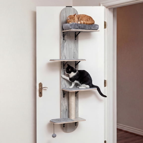 Door Hanging Cat Climber, 5-Level Height Adjustable Cat Tree with Plush Bed, Jute Rope Scratching Post, Gray