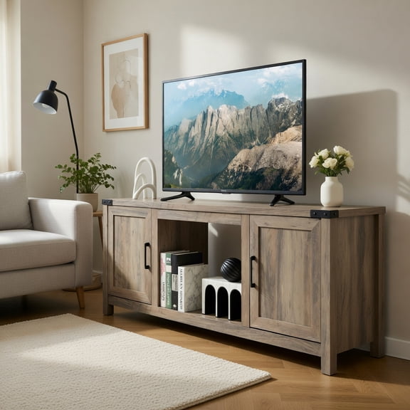 Resenkos Electric Fireplace TV Stand with Storage Cabinets for TVs up to 70 Inch-Natural, Mid Century Modern TV Stand for Living Room Bedroom (without fireplace)