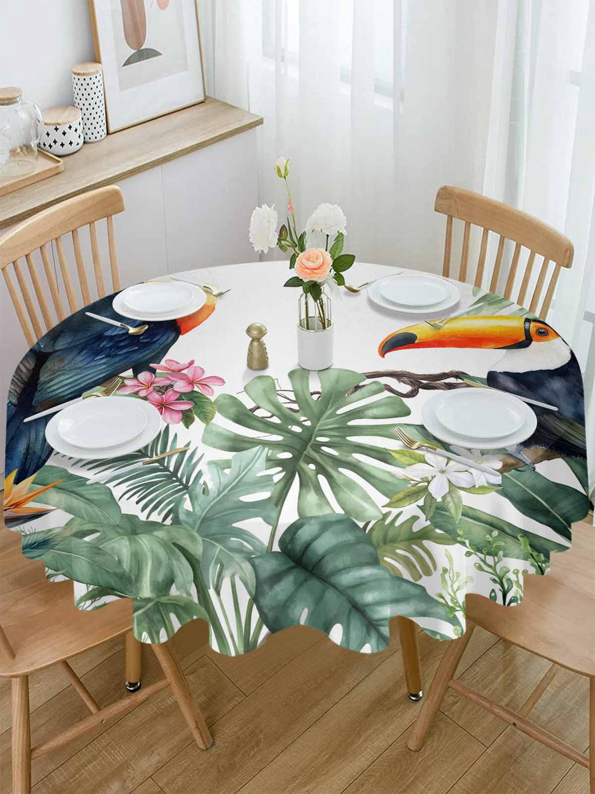 Round Tablecloth Tropical Botanical Waterproof Oil Proof Polyester Table Cloth Cover Decor for Home Dining Outdoor,Patio,Parties, 60" Dia. Palm Banana Leaf Toucan Green
