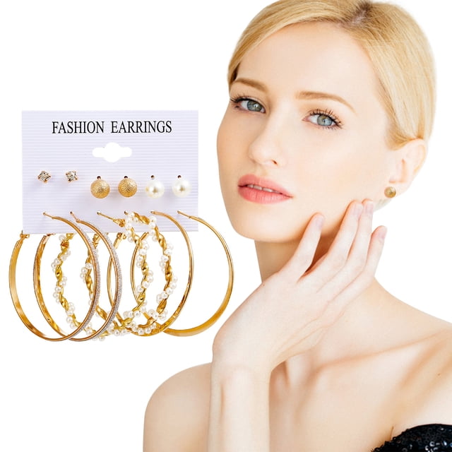 Fiudx Conjunto de Pendientes de Perla con Aro Geométrico de Metal para Mujer