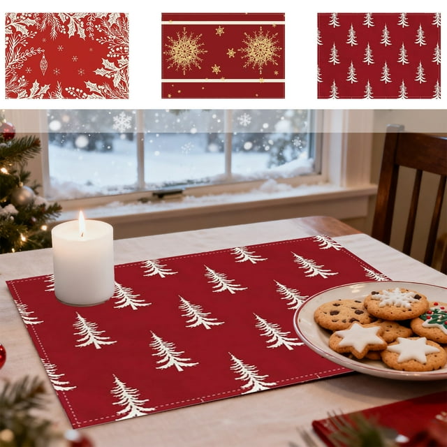 Mantel Individual Navideño Rojo de Lino | Mantel Aislante Antimanchas | Decoración Navideña | 30X45Cm | Poliéster | Lavable y Resistente a La Decoloración