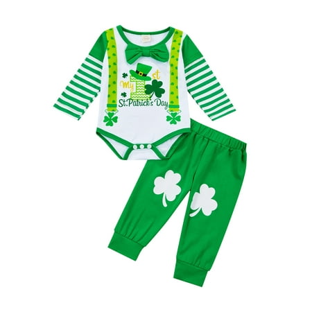 

My 1st St Patrick’s Day Outfits Baby Boy Long Sleeve Romper Clover Jumpsuit Pants Gentleman Clothes