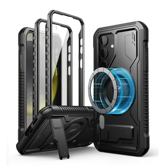 Dexnor Magnetic Case for Samsung Galaxy S24 Case with Kickstand & 2 Front Frames, Built-in Screen Protector, Compatible with Magsafe,Rugged Shockproof Full-body Protective Cover for Galaxy S24,Black