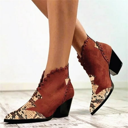

Tejiojio Fall Clearance Women s Thick Heel Rivets With Pointed Toe Snake Pattern Ankle Boots