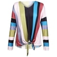 thumbnail image 3 of QAFOPEH Women V Neck Long Sleeve Tie Front Colorful Stripe Colorblock Top, 3 of 4