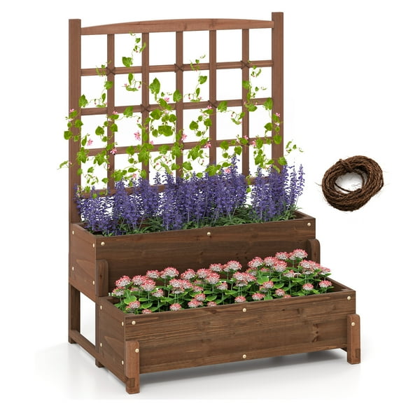 Gymax Raised Garden Bed w/ Trellis w/ Drainage Holes Legs Twisting Rope for Backyard