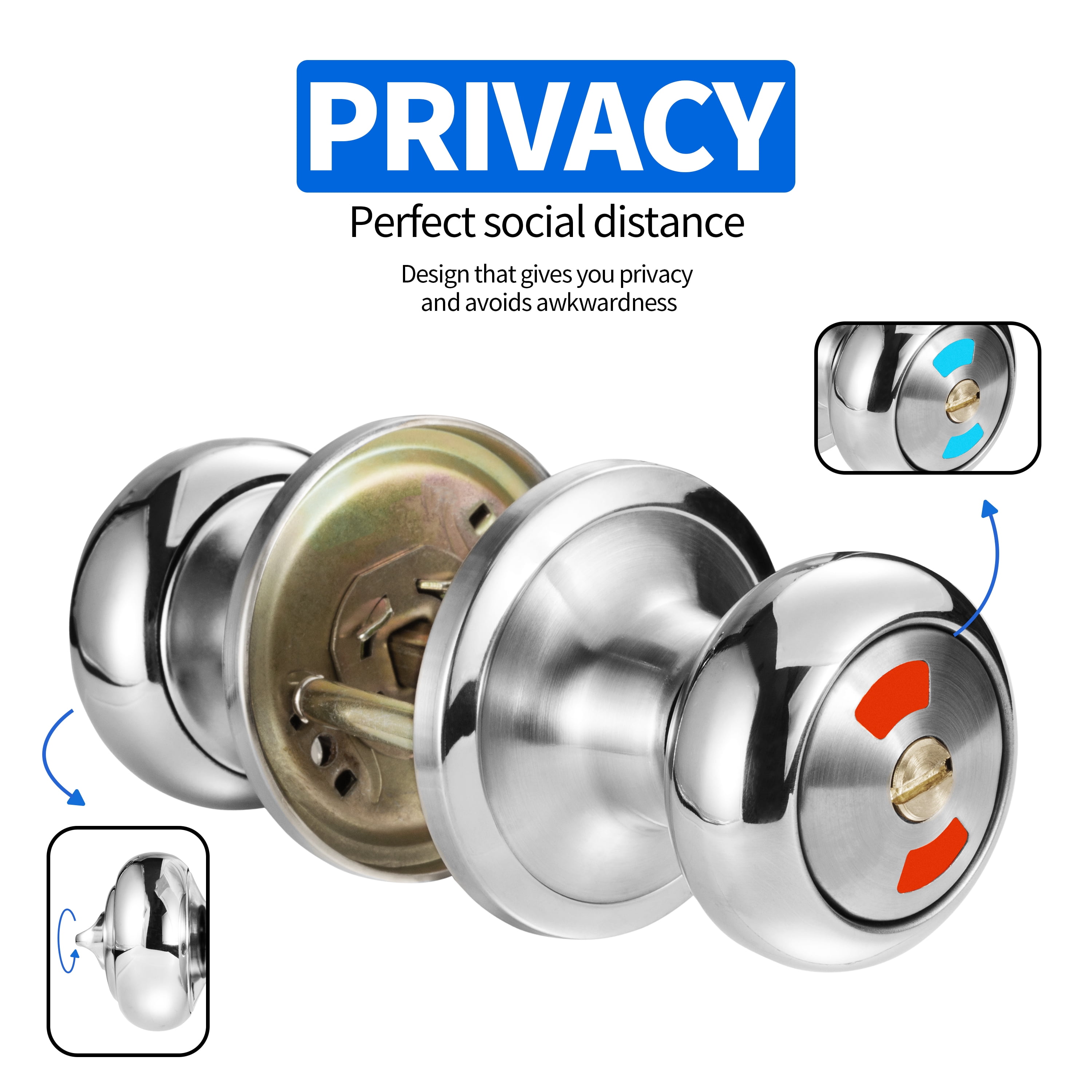 Mutex Twin-Pack Bathroom Door Lock Knob, Color Indicator for Vacant or Occupied in Use Restroom, Thumbturn, Emergency Unlock, Fits Standard 2 1/8" Doors