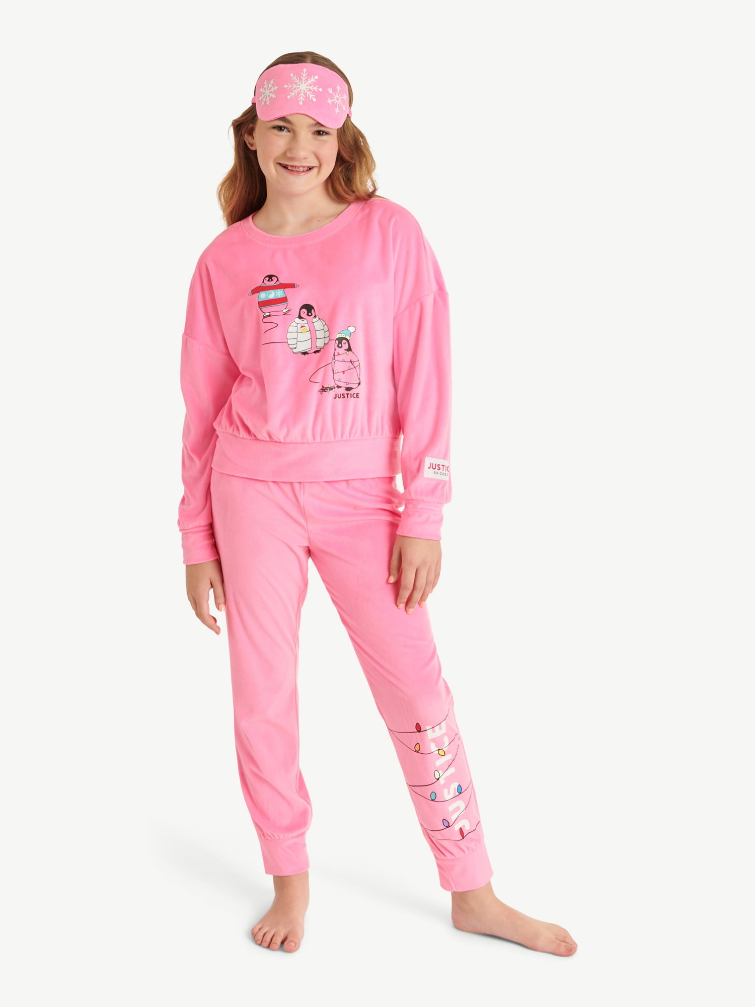 Justice Girls Holiday Long Sleeve Top and Jogger Set with Eyemask, 2-piece Pajama Set, Sizes 5-18