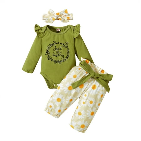 

NZRVAWS Baby Girls Winter Outfits 3 Months Baby Girls Letter Print 6 Months Baby Girls Ruffle Sleeve Romper Chrysanthemum Print Pants Headband 3Pcs Winter Clothes Set Green