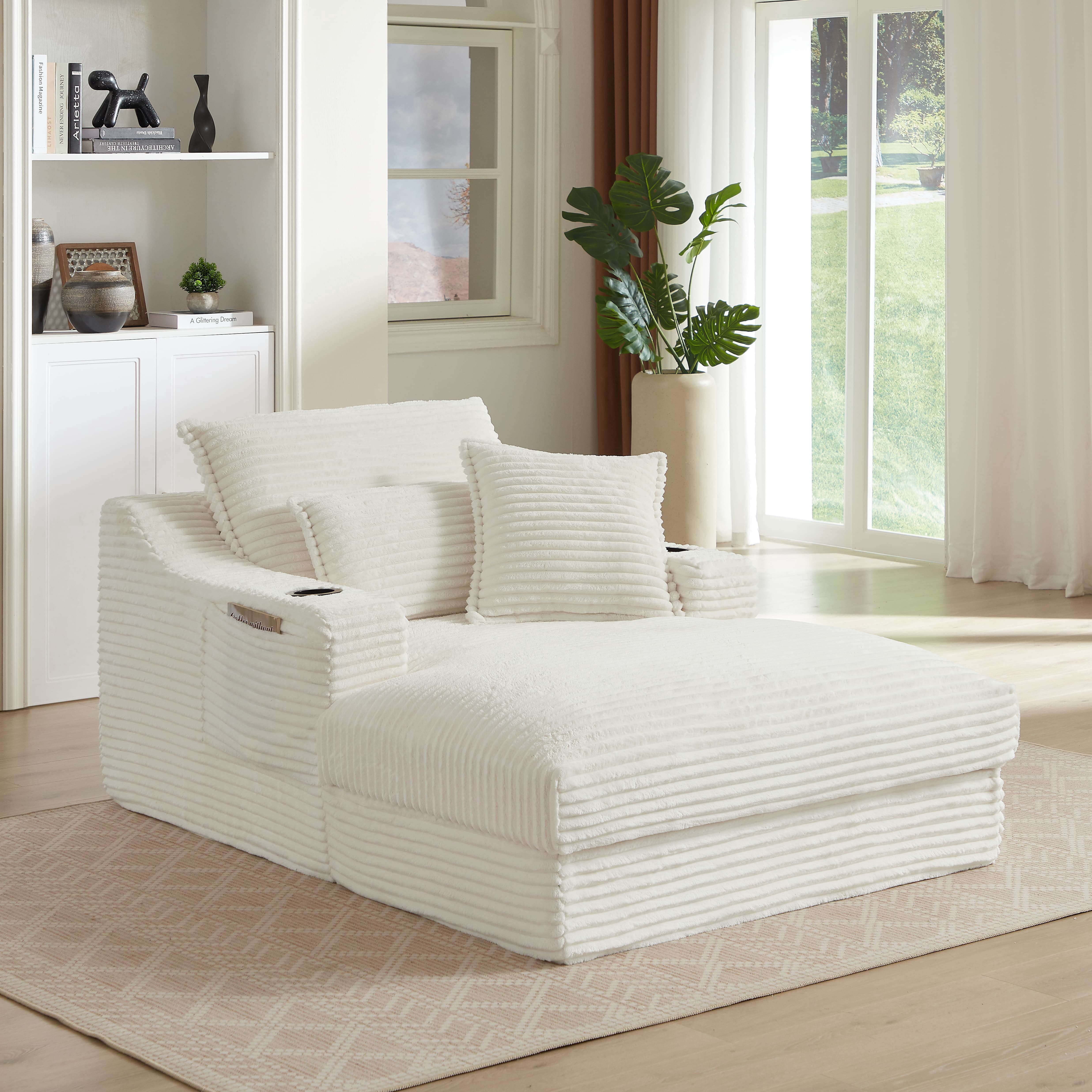 MAYEERTY Oversized Compression Chaise Sofa, Comfortable Corduroy Lounge for Living Room, Apartment, 47×68×35"White