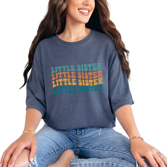 Little Sister, Younger Sibling in the Family Themed, Groovy Retro Wavy Text, Denim Comfort Colors T-Shirt, Small